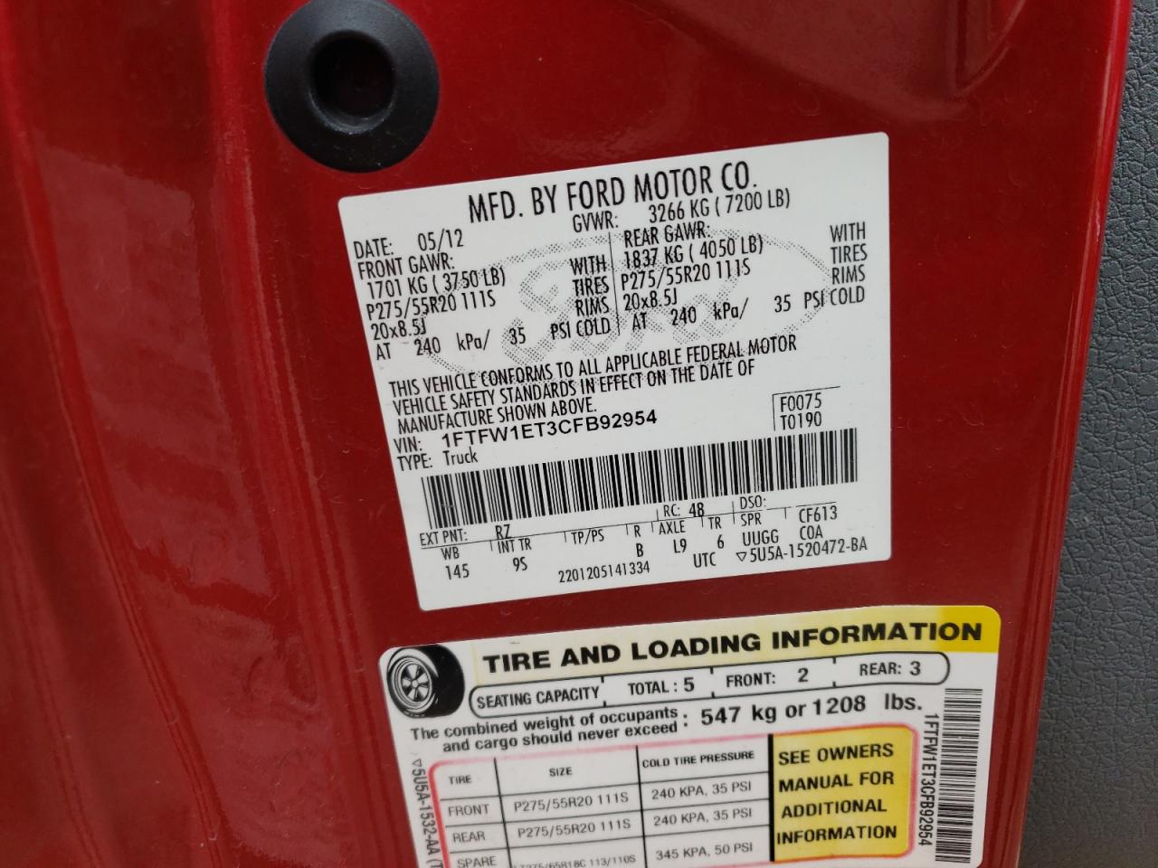 1FTFW1ET3CFB92954 2012 Ford F150 Supercrew