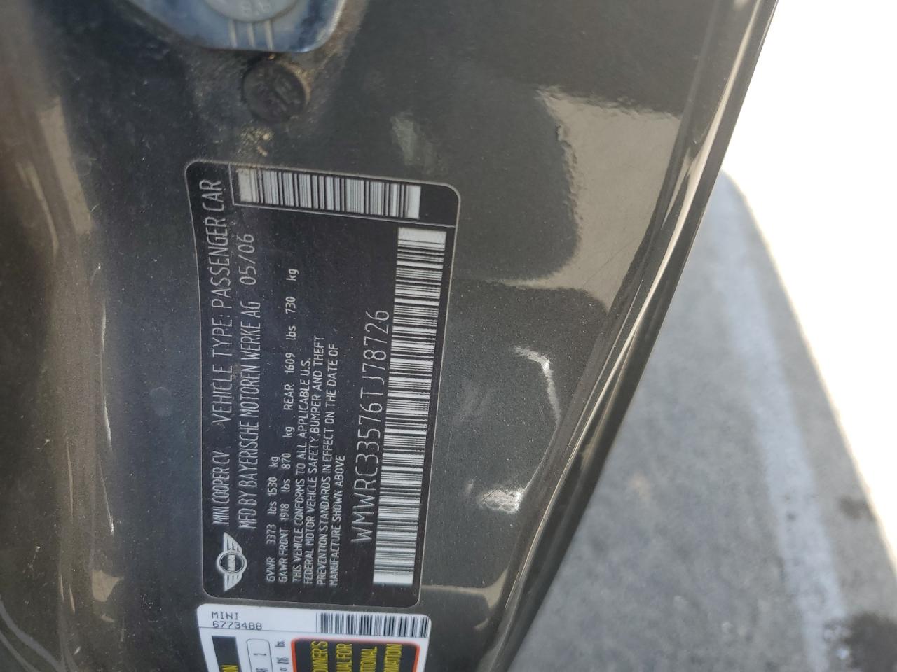 WMWRC33576TJ78726 2006 Mini Cooper