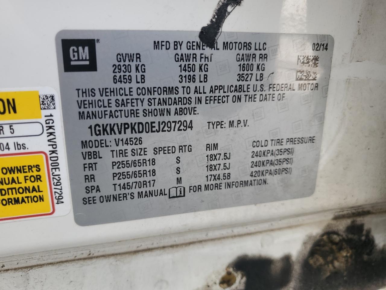 1GKKVPKD0EJ297294 2014 GMC Acadia Sle