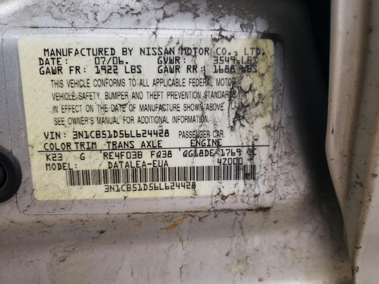 3N1CB51D56L624428 2006 Nissan Sentra 1.8
