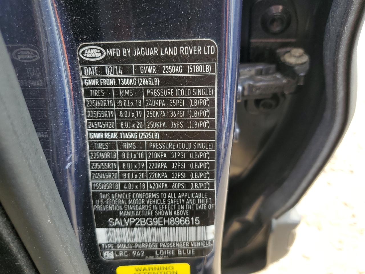 SALVP2BG9EH896615 2014 Land Rover Range Rover Evoque Pure Plus