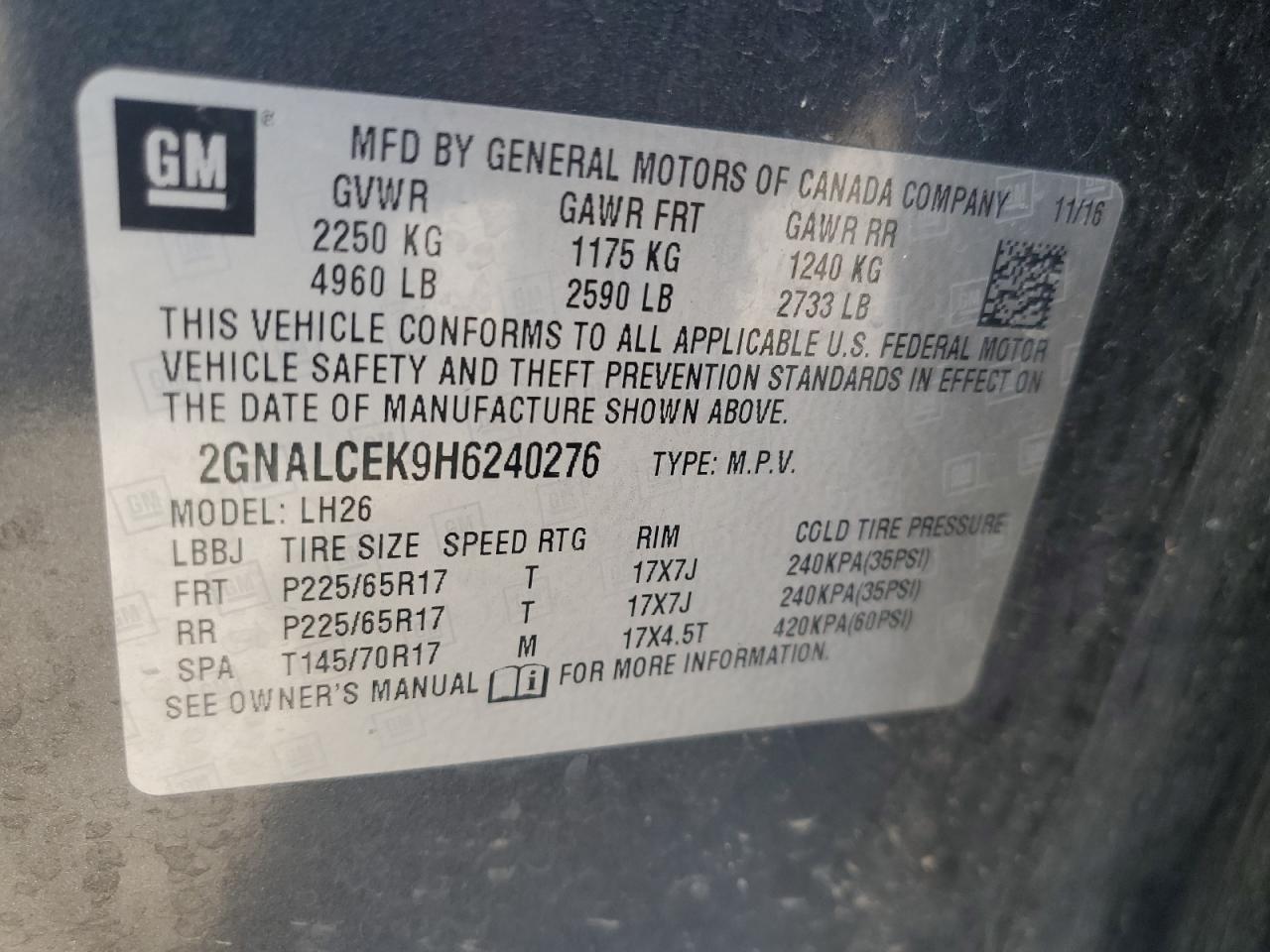 2GNALCEK9H6240276 2017 Chevrolet Equinox Lt