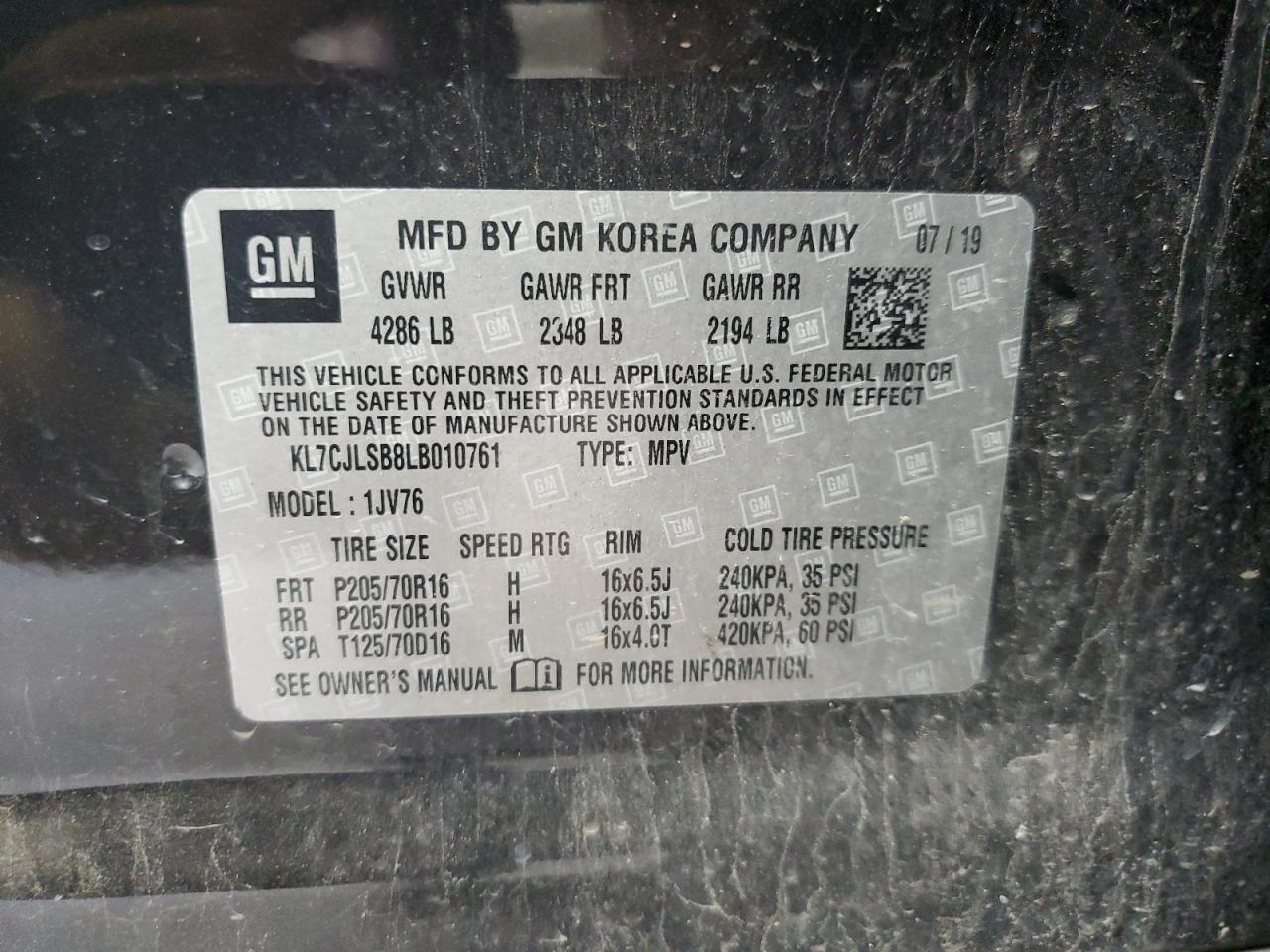 KL7CJLSB8LB010761 2020 Chevrolet Trax 1Lt