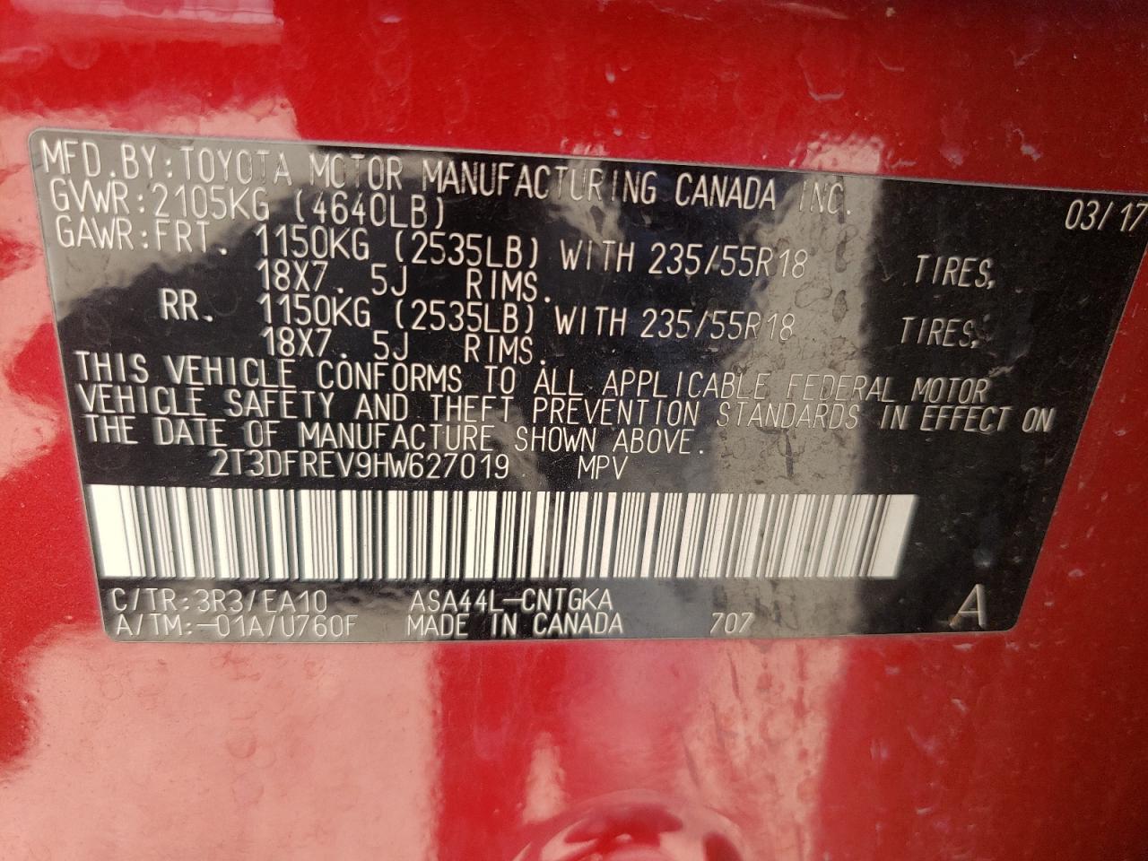 2T3DFREV9HW627019 2017 Toyota Rav4 Limited