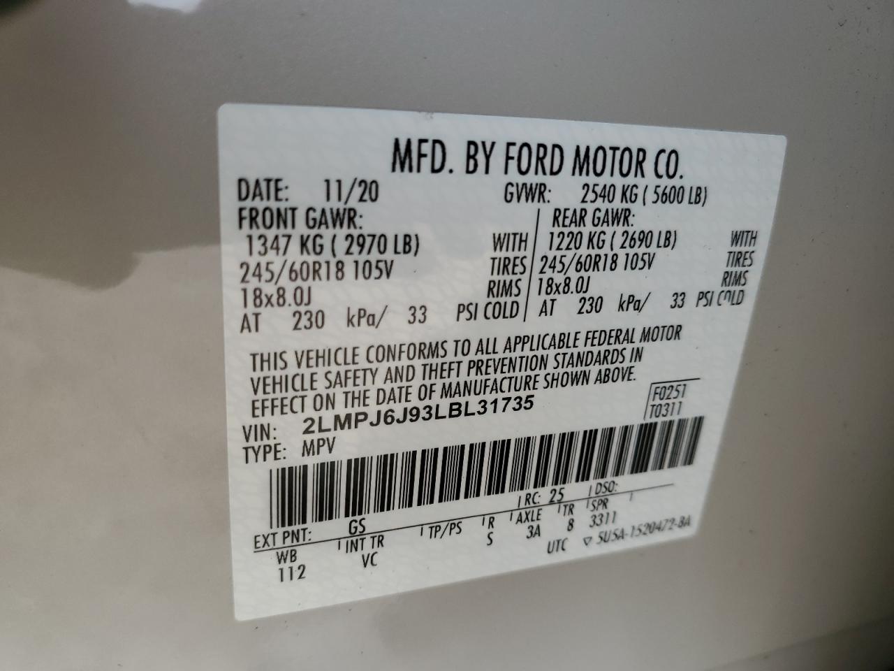 2LMPJ6J93LBL31735 2020 Lincoln Nautilus