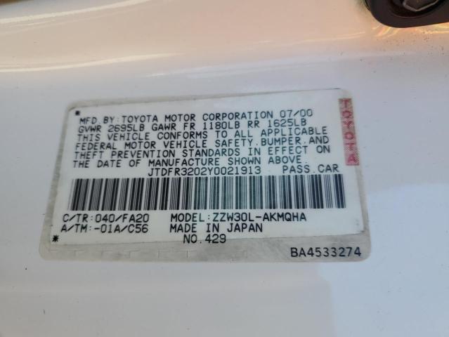 2000 Toyota Mr2 Spyder VIN: JTDFR3202Y0021913 Lot: 61769624