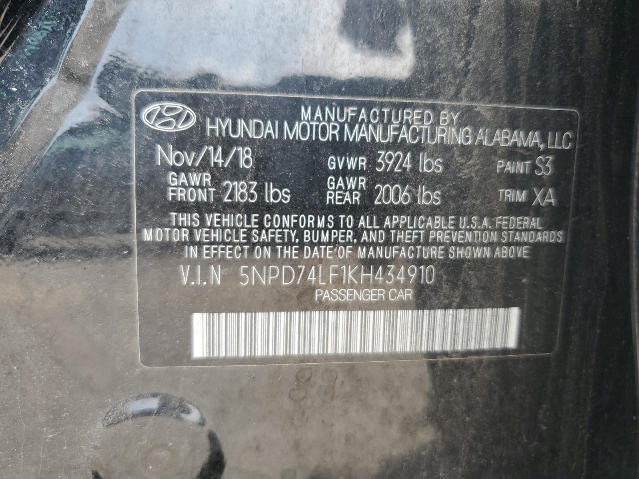 5NPD74LF1KH434910 2019 Hyundai Elantra Se