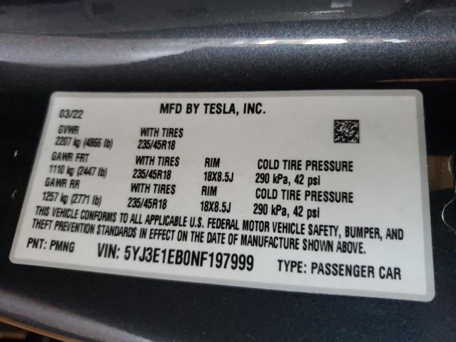 2022 TESLA MODEL 3 - 5YJ3E1EB0NF197999