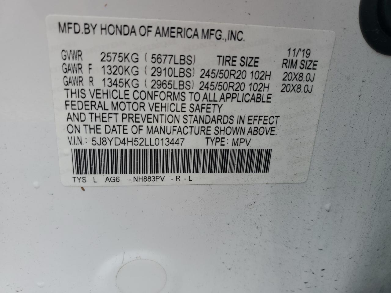 5J8YD4H52LL013447 2020 Acura Mdx Technology