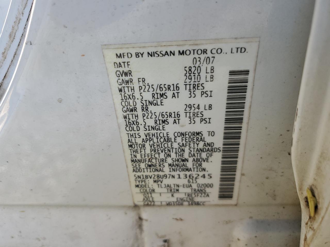 5N1BV28U97N136245 2007 Nissan Quest S