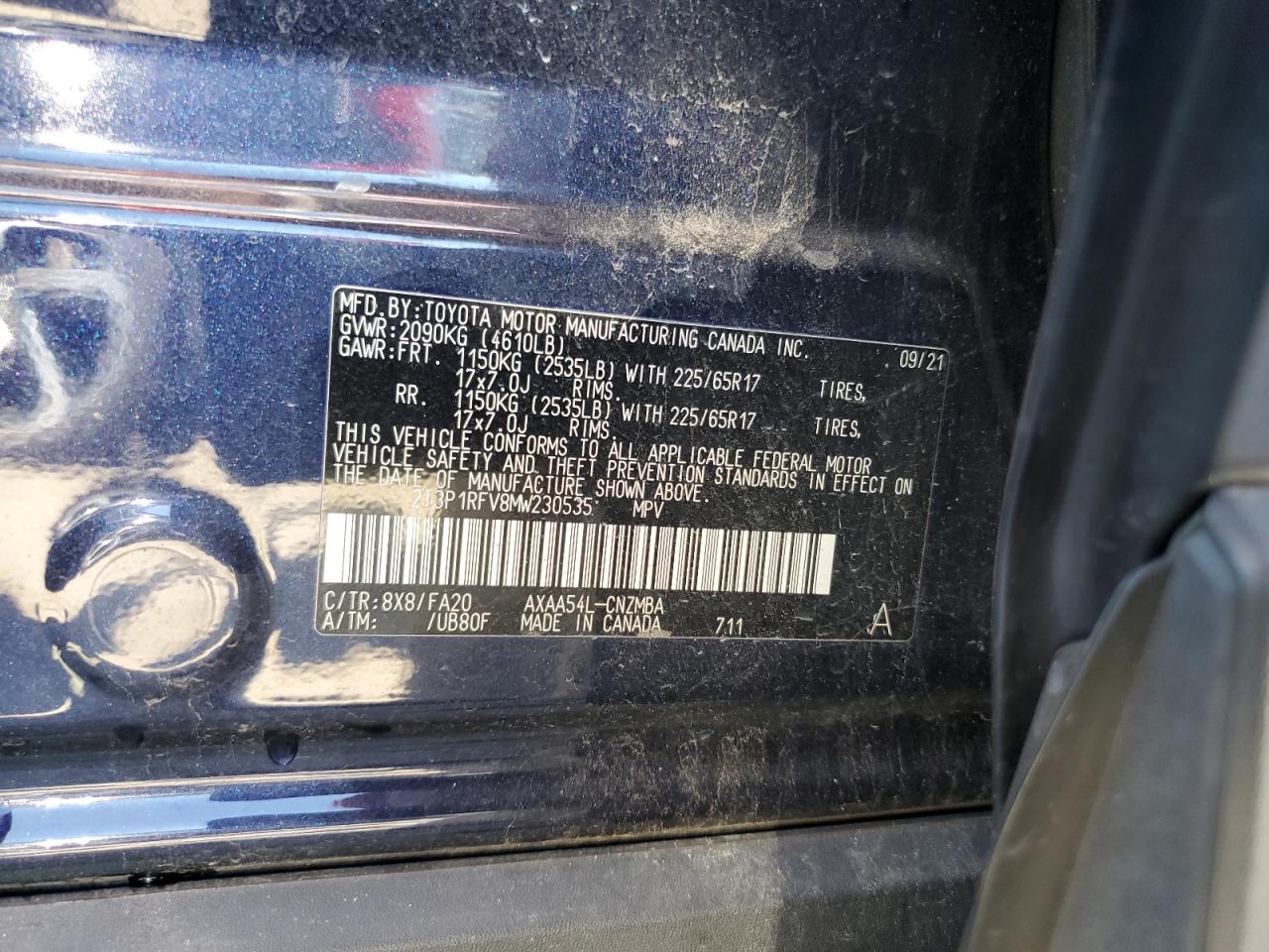 2T3P1RFV8MW230535 2021 Toyota Rav4 Xle