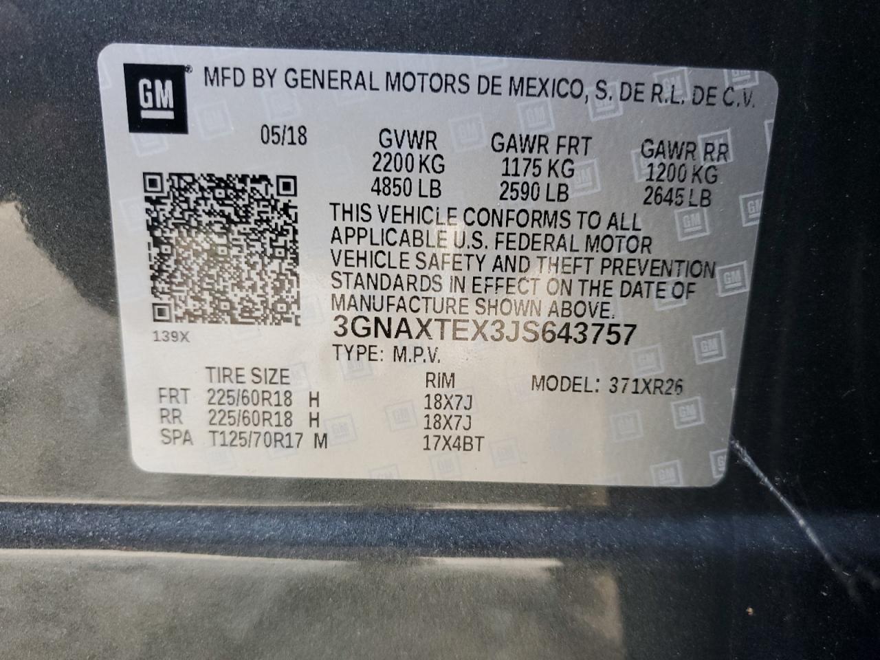 3GNAXTEX3JS643757 2018 Chevrolet Equinox Lt