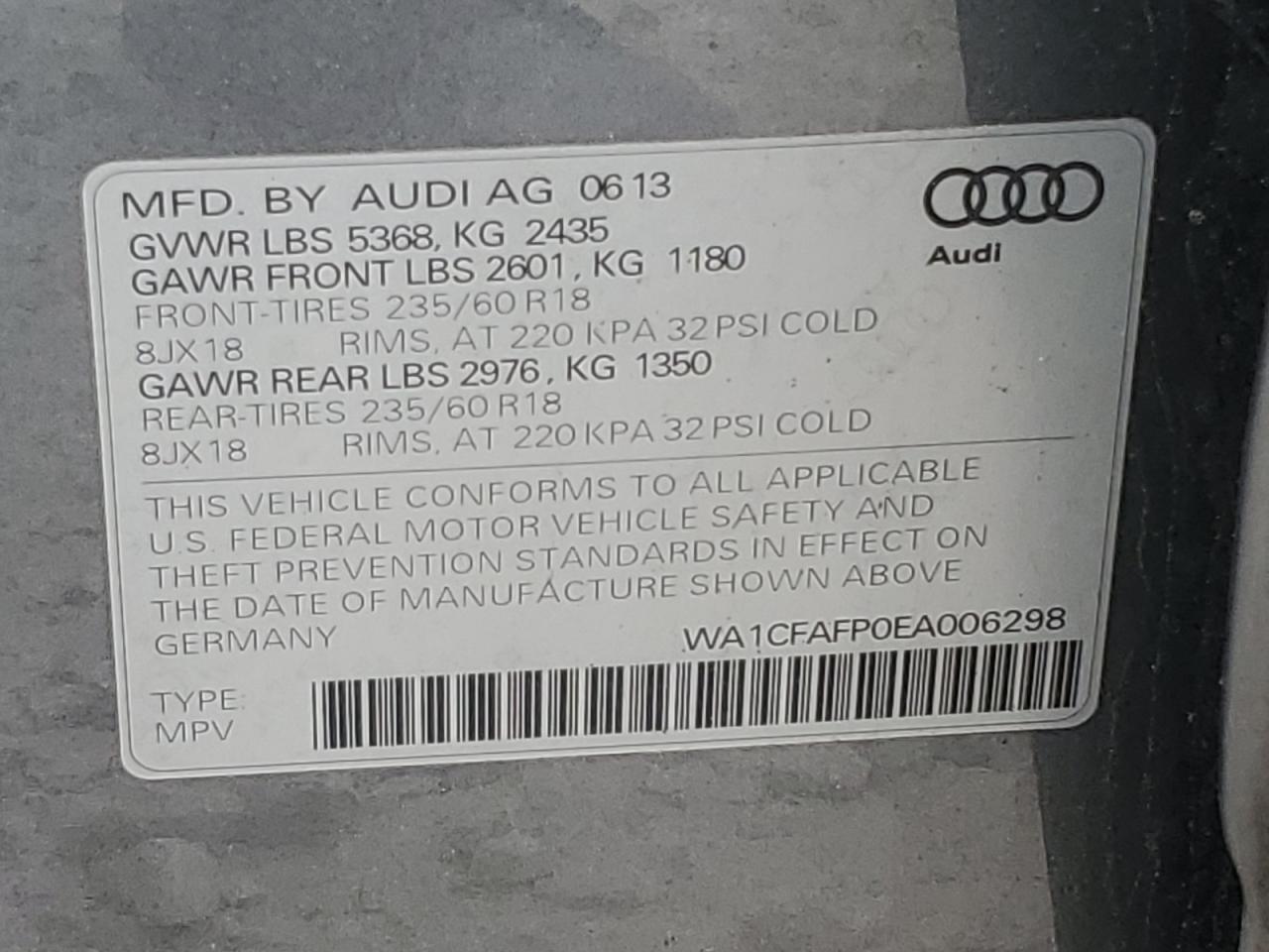 WA1CFAFP0EA006298 2014 Audi Q5 Premium