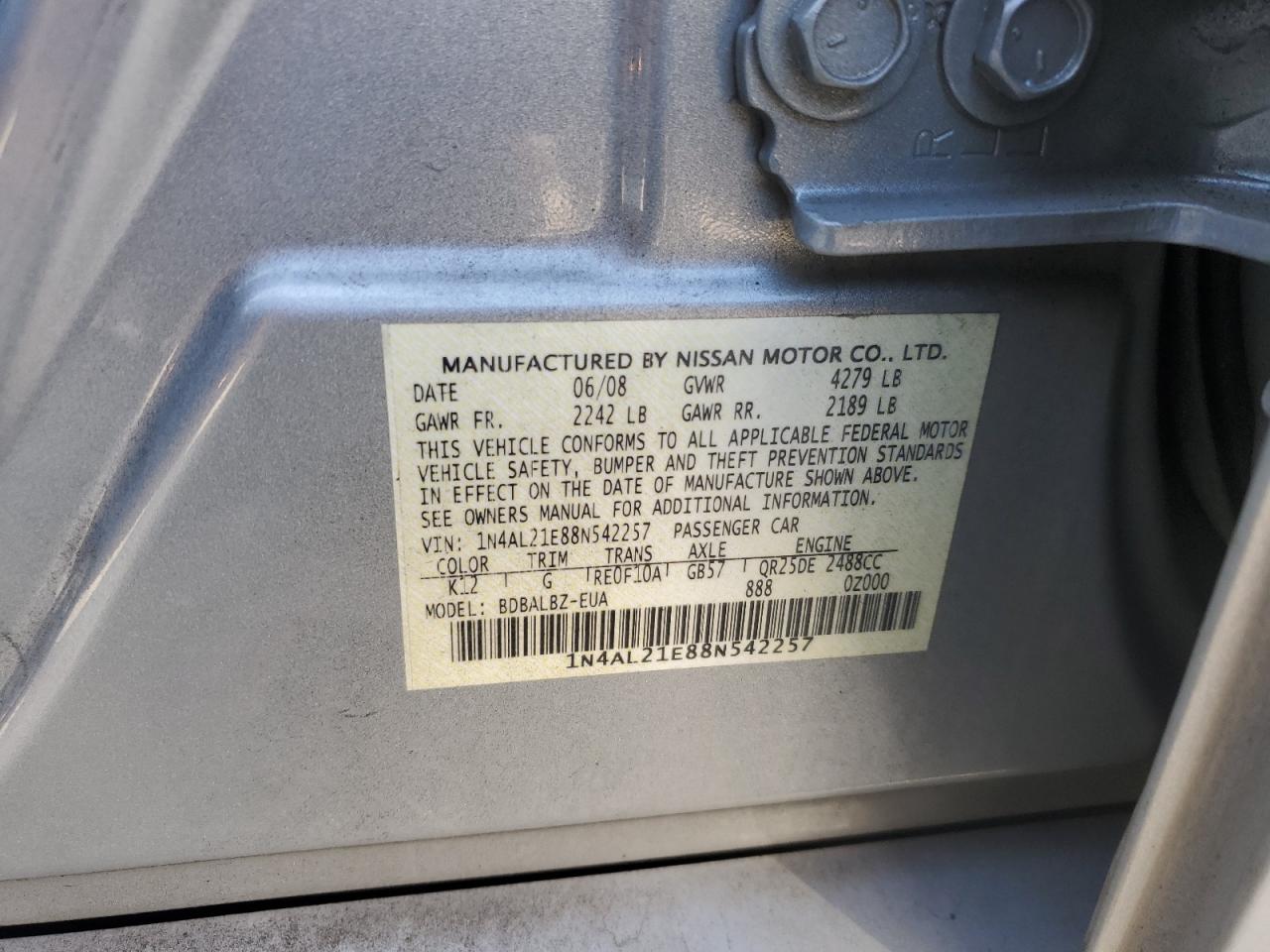 1N4AL21E88N542257 2008 Nissan Altima 2.5