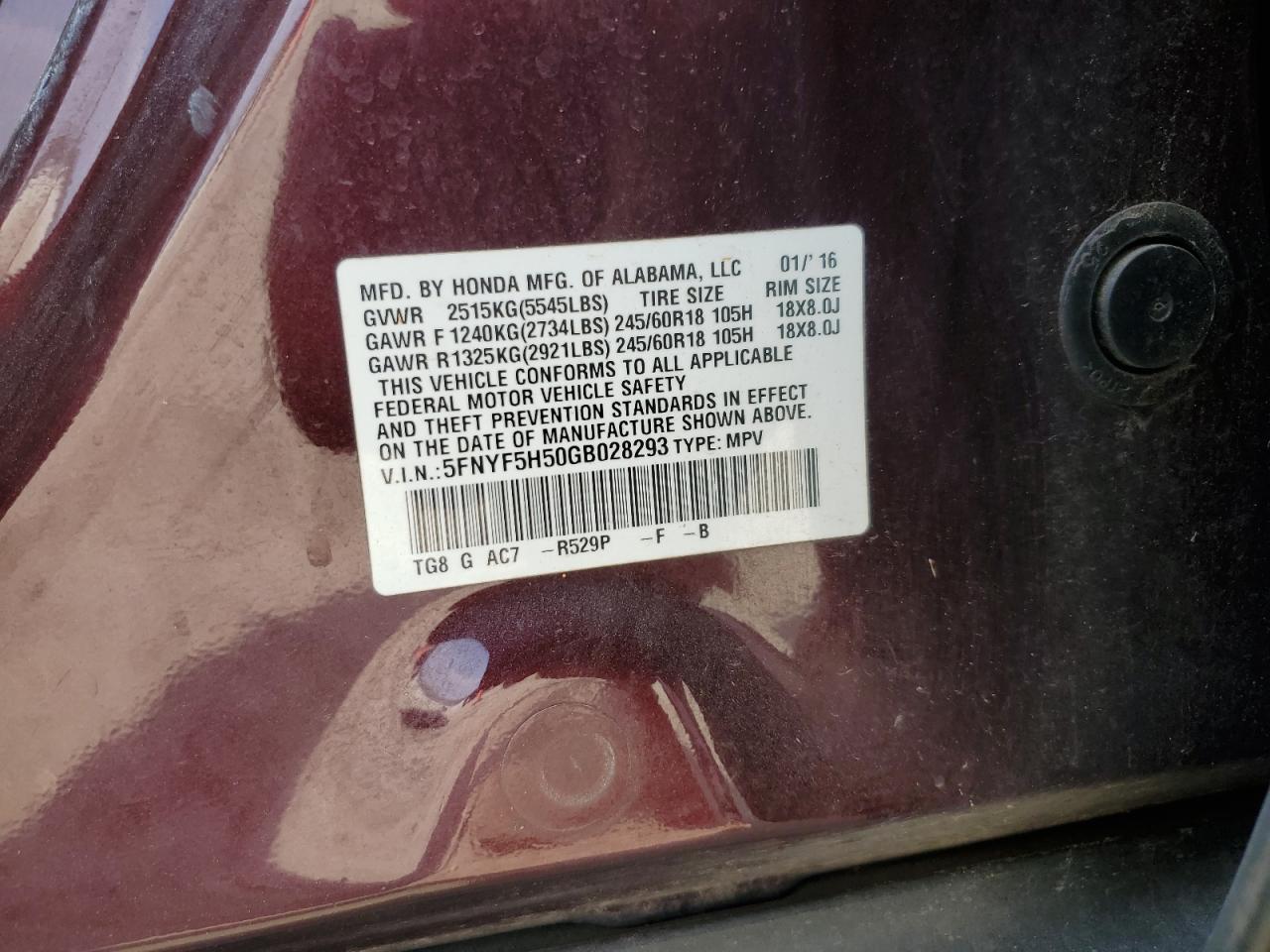 5FNYF5H50GB028293 2016 Honda Pilot Ex-L