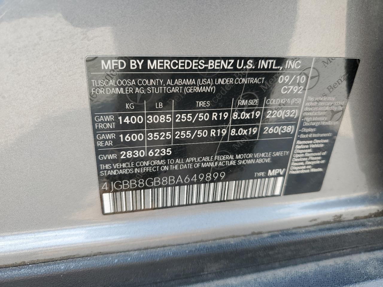 4JGBB8GB8BA649899 2011 Mercedes-Benz Ml 350 4Matic