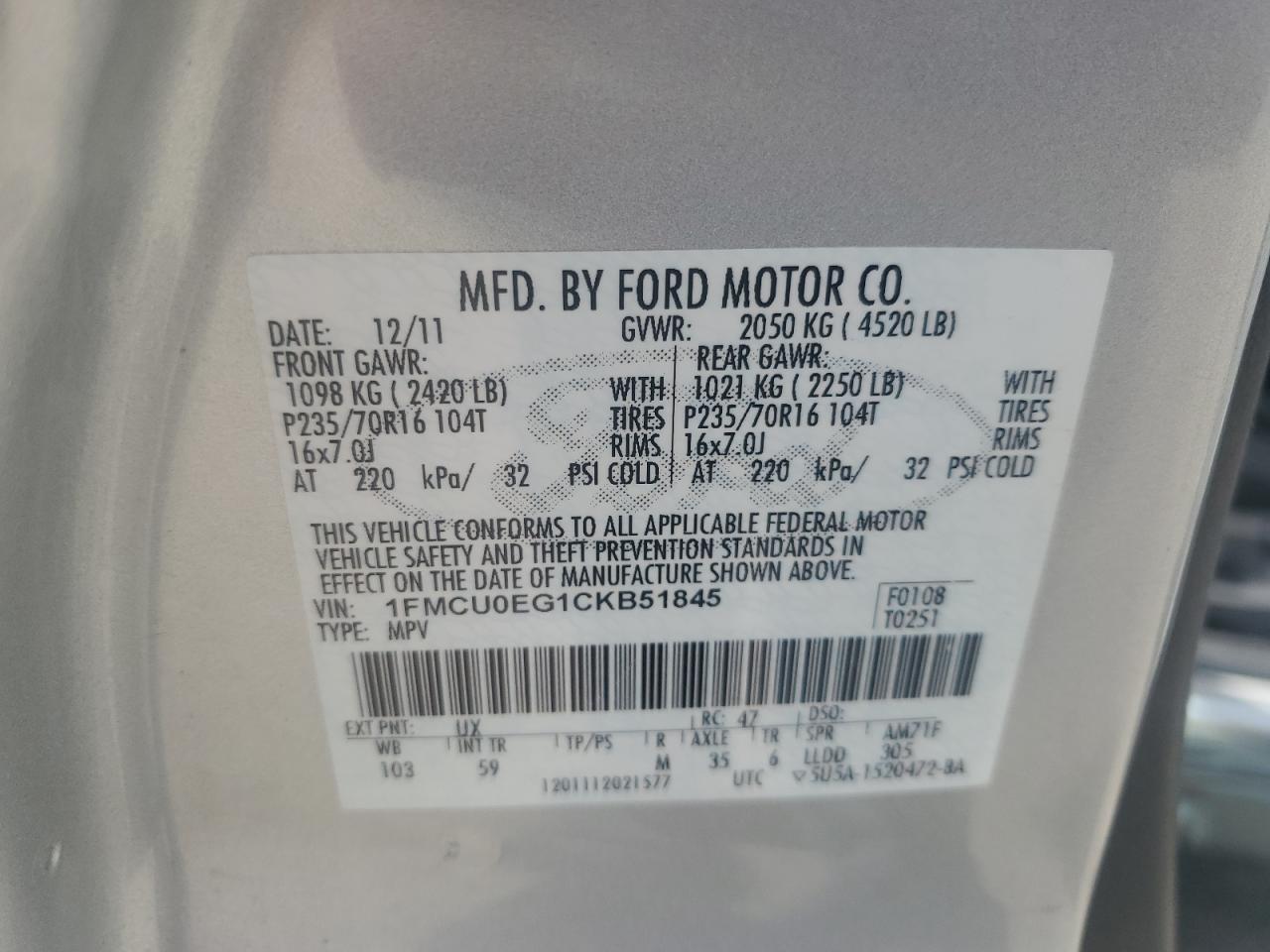 1FMCU0EG1CKB51845 2012 Ford Escape Limited