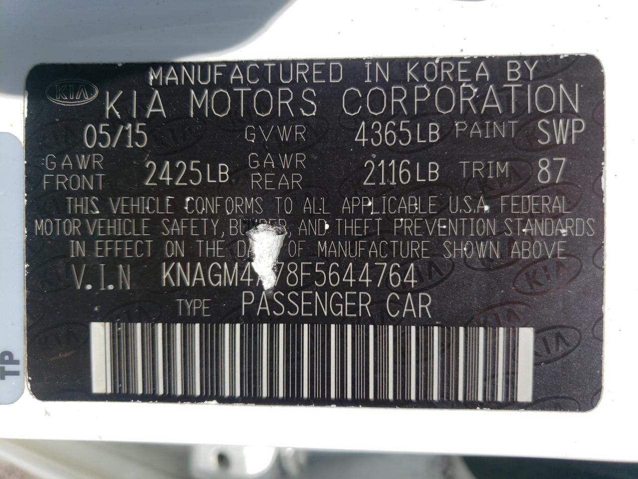 2015 Kia Optima Lx vin: KNAGM4A78F5644764