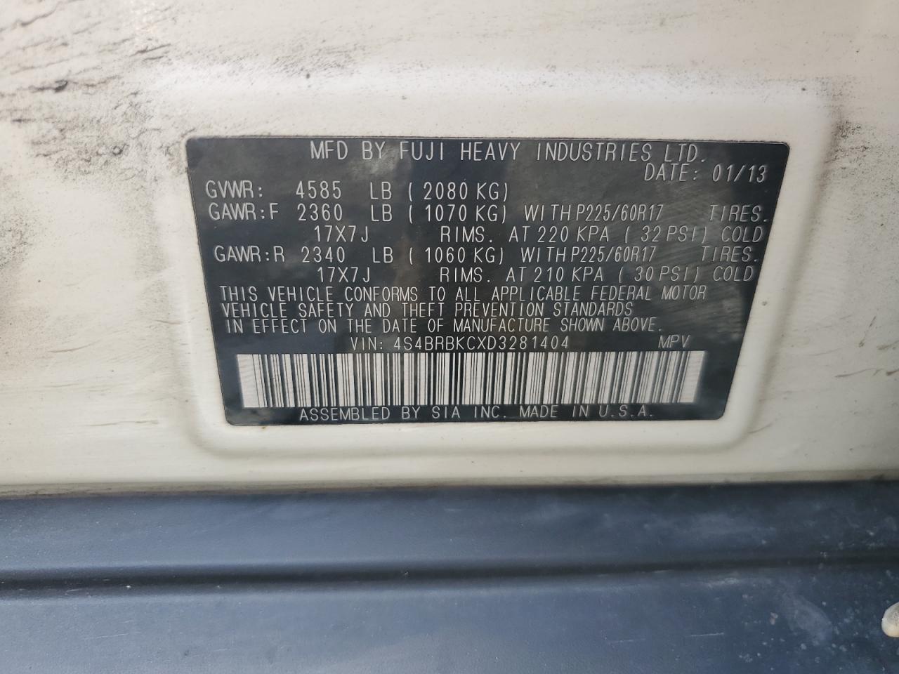 4S4BRBKCXD3281404 2013 Subaru Outback 2.5I Limited