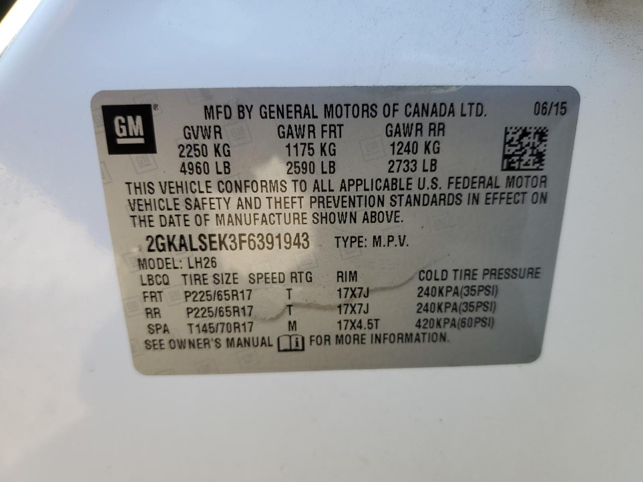 2GKALSEK3F6391943 2015 GMC Terrain Slt