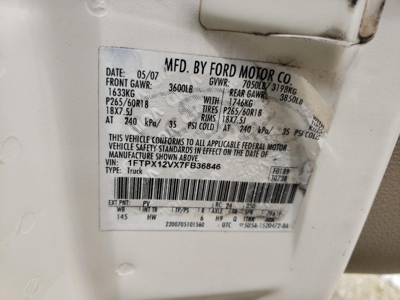 1FTPX12VX7FB36846 2007 Ford F150