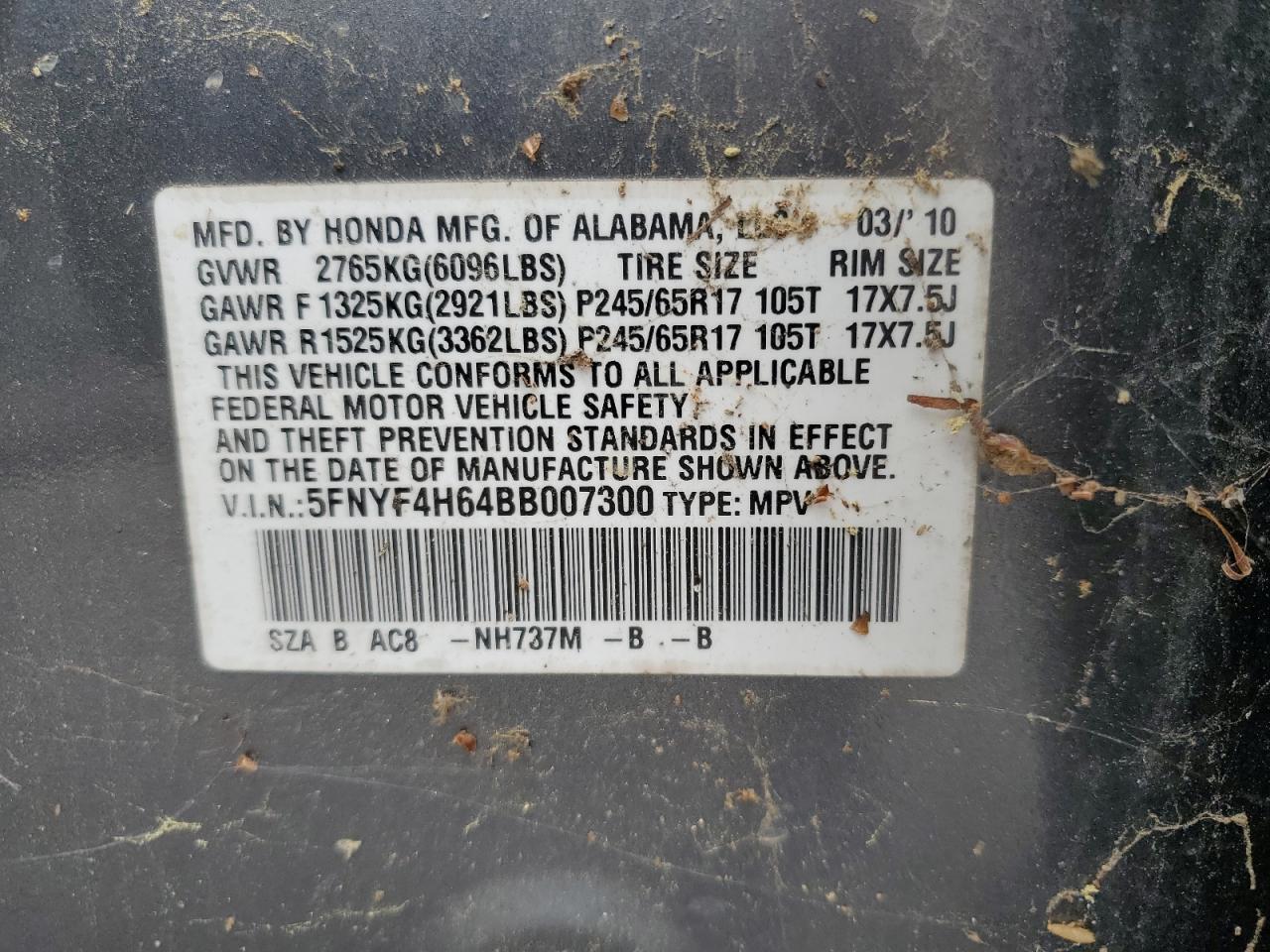 5FNYF4H64BB007300 2011 Honda Pilot Exl