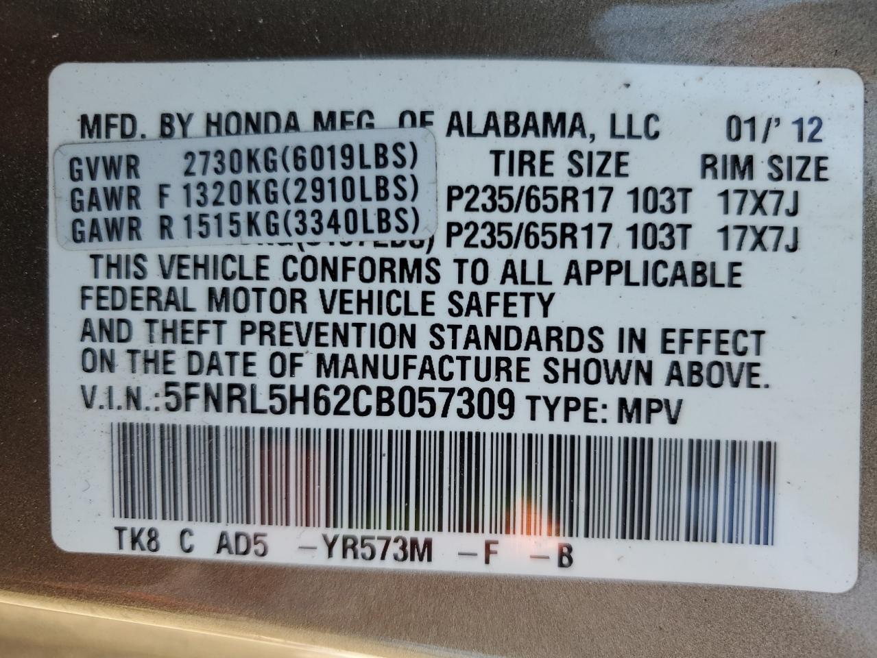 5FNRL5H62CB057309 2012 Honda Odyssey Exl