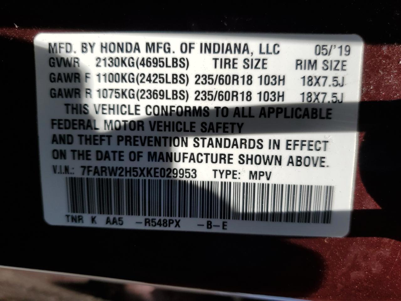 7FARW2H5XKE029953 2019 Honda Cr-V Ex