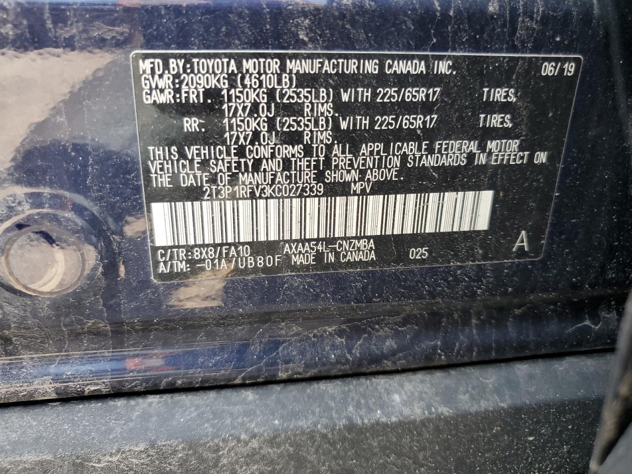 2T3P1RFV3KC027339 2019 Toyota Rav4 Xle