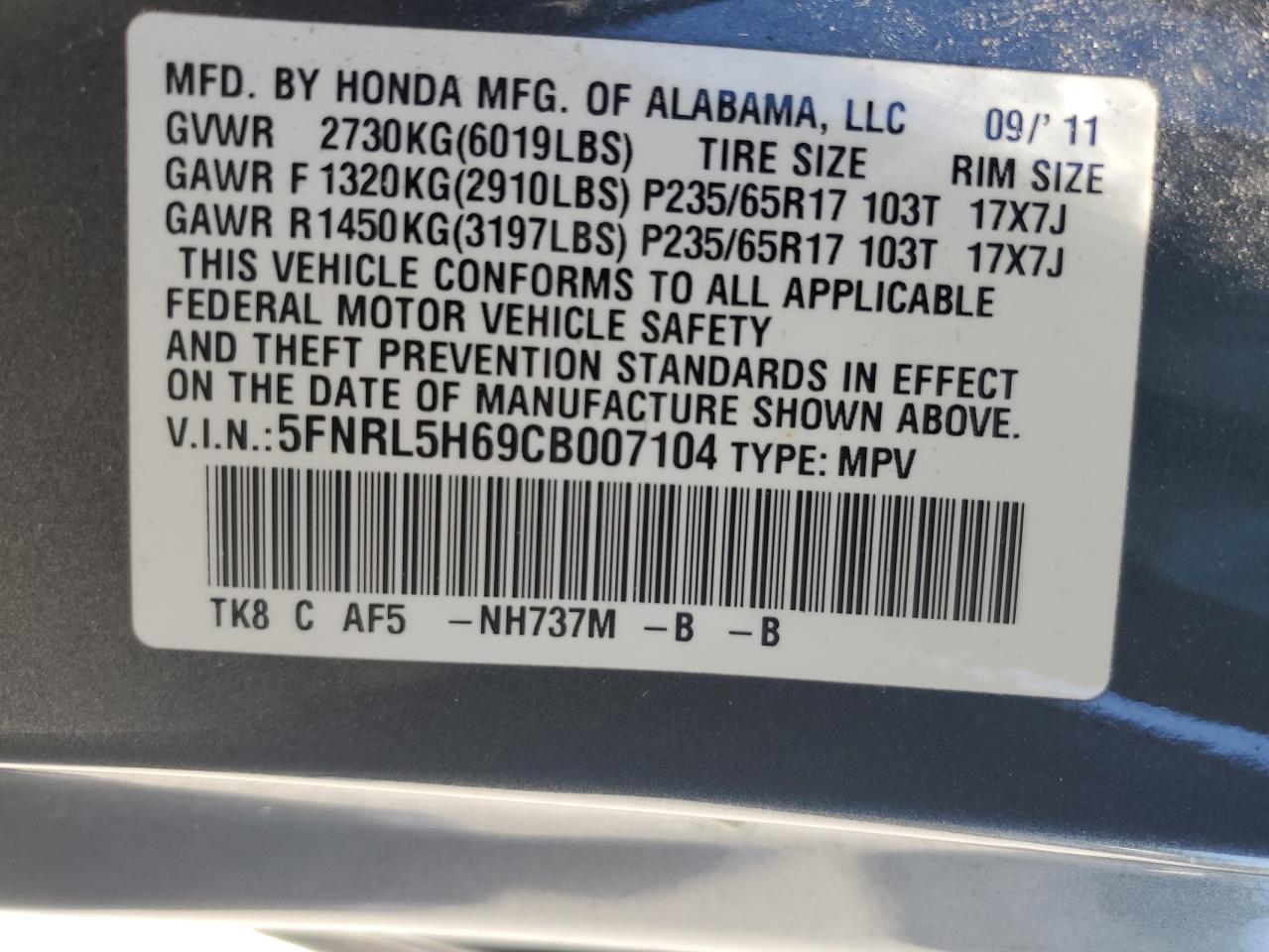 5FNRL5H69CB007104 2012 Honda Odyssey Exl
