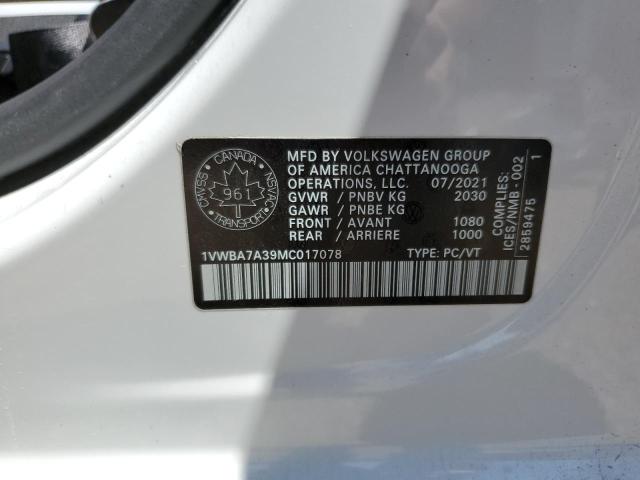 2021 VOLKSWAGEN PASSAT HIG 1VWBA7A39MC017078