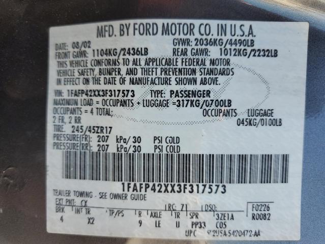 2003 Ford Mustang Gt VIN: 1FAFP42XX3F317573 Lot: 61692794