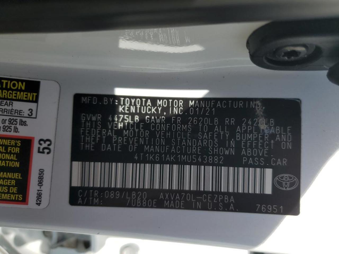 4T1K61AK1MU543882 2021 Toyota Camry Xse