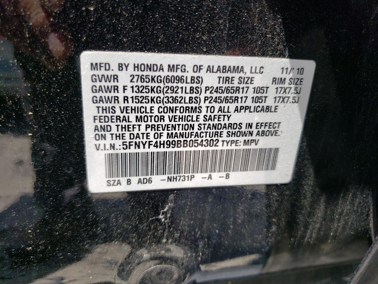 5FNYF4H99BB054302 2011 Honda Pilot Touring