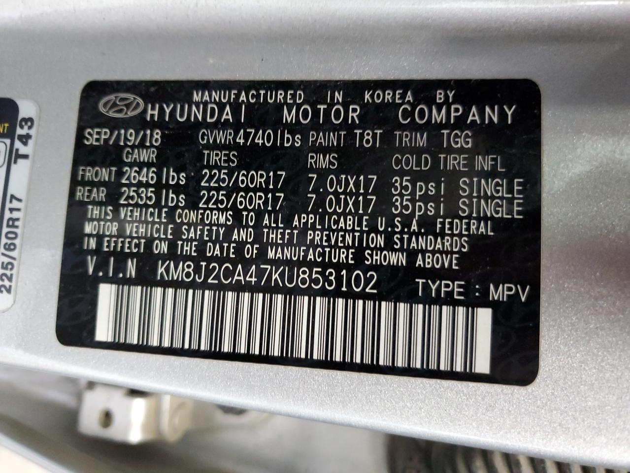KM8J2CA47KU853102 2019 Hyundai Tucson Se