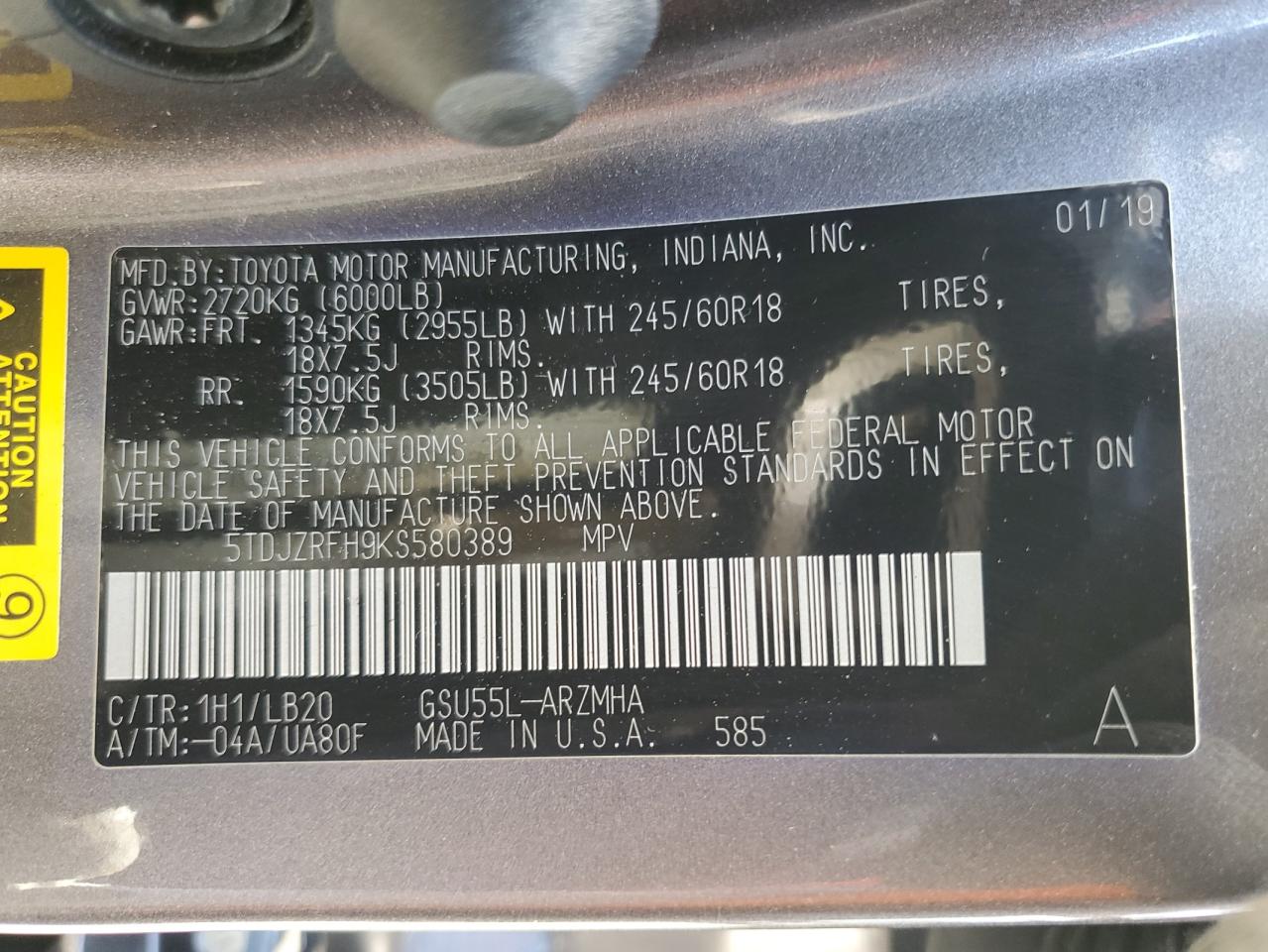 5TDJZRFH9KS580389 2019 Toyota Highlander Se