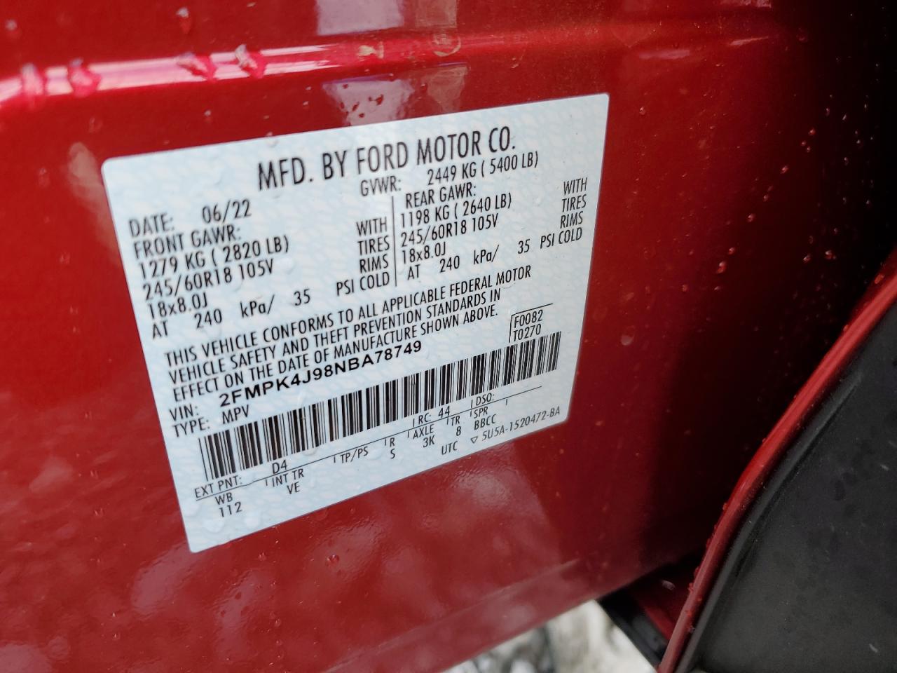 2FMPK4J98NBA78749 2022 Ford Edge Sel