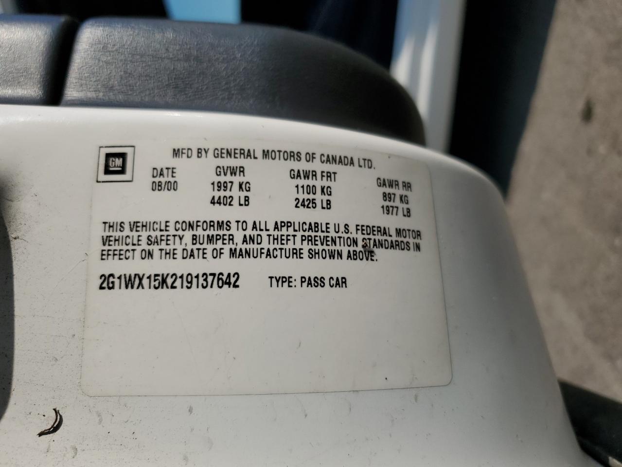 2G1WX15K219137642 2001 Chevrolet Monte Carlo Ss