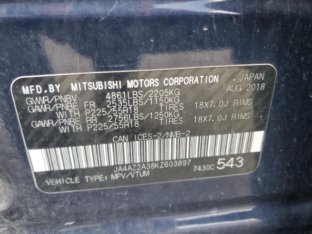 JA4AZ2A38KZ603897 2019 Mitsubishi Outlander Es