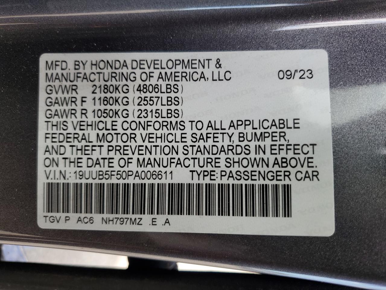 19UUB5F50PA006611 2023 Acura Tlx Tech A