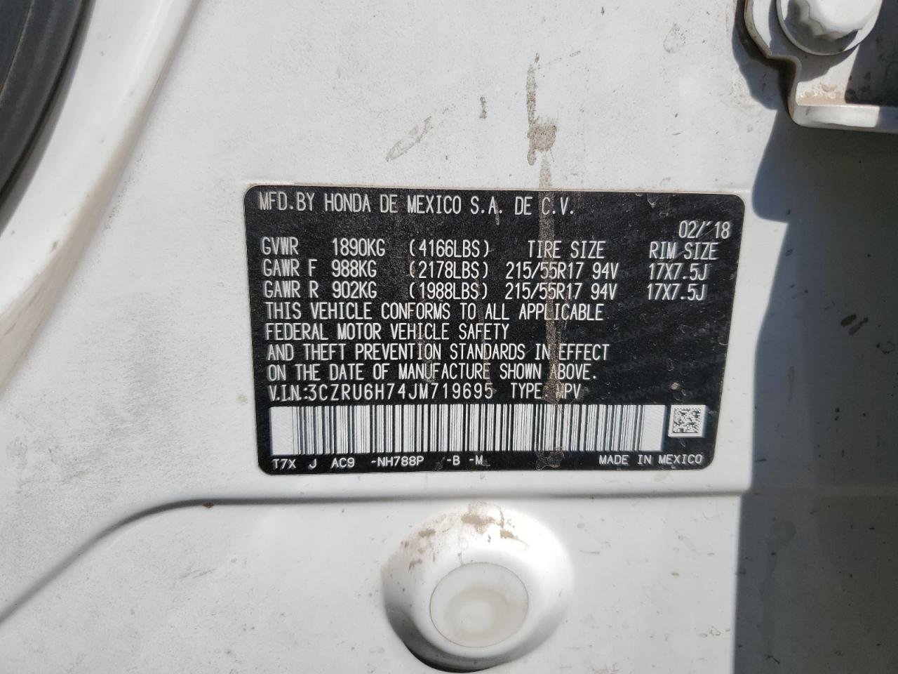 3CZRU6H74JM719695 2018 Honda Hr-V Exl