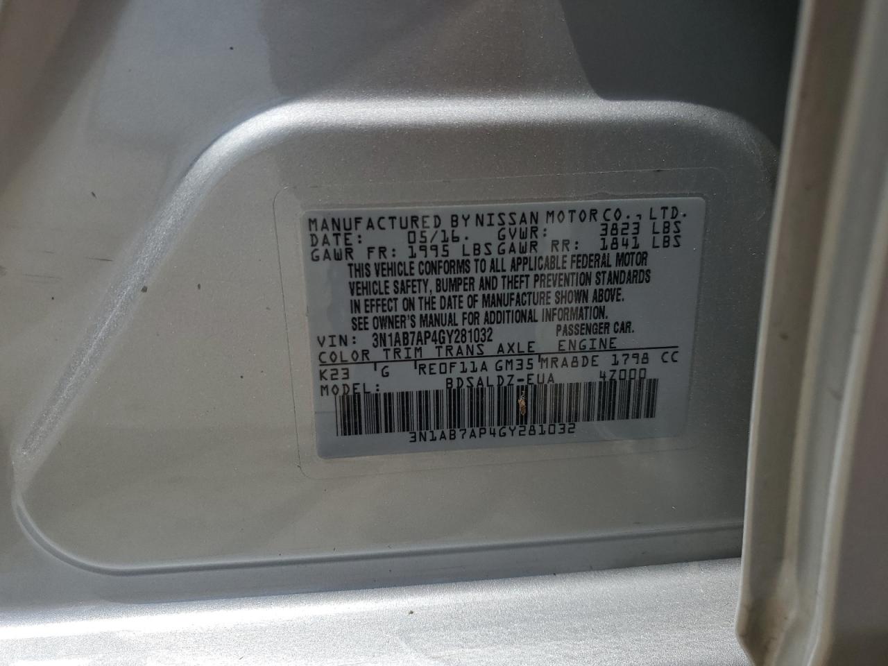 3N1AB7AP4GY281032 2016 Nissan Sentra S