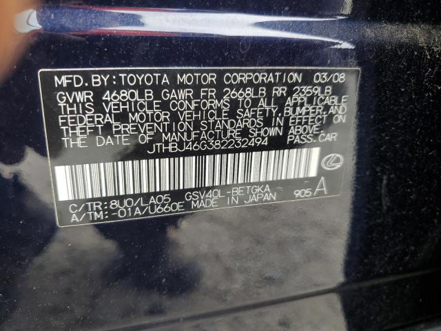 2008 Lexus Es 350 VIN: JTHBJ46G382232494 Lot: 61071454