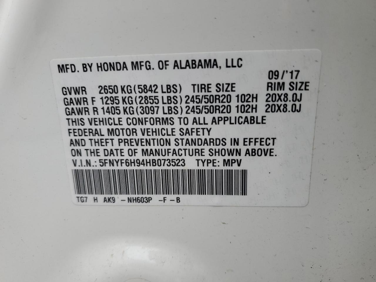 5FNYF6H94HB073523 2017 Honda Pilot Touring