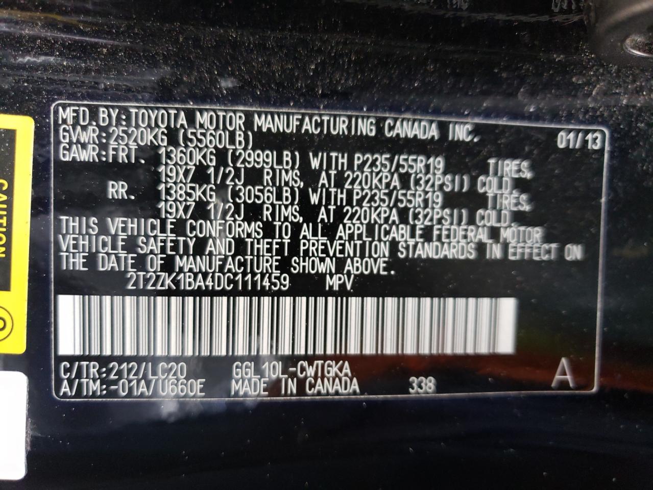 2T2ZK1BA4DC111459 2013 Lexus Rx 350