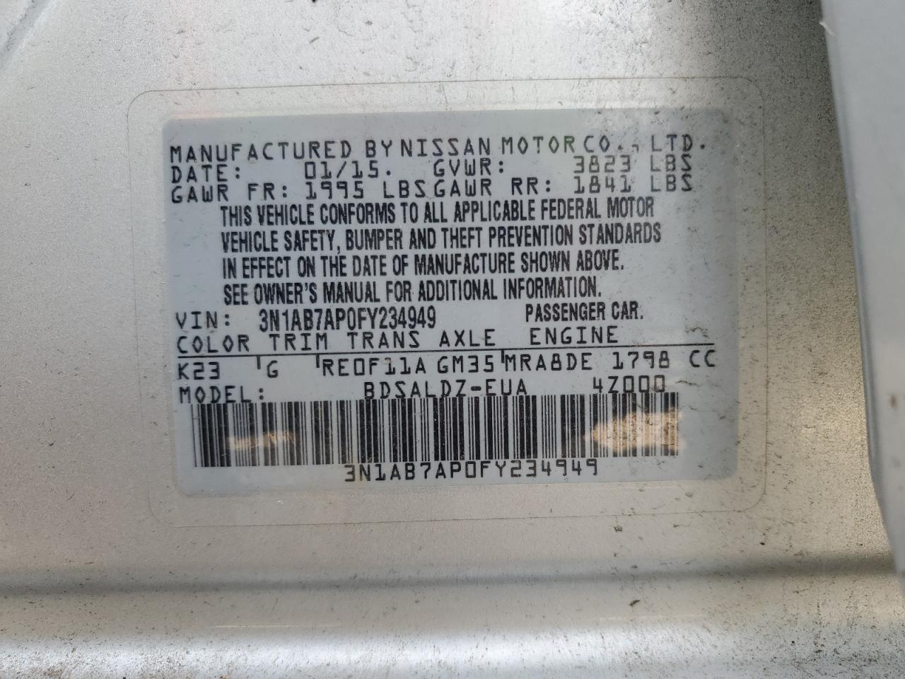 3N1AB7AP0FY234949 2015 Nissan Sentra S