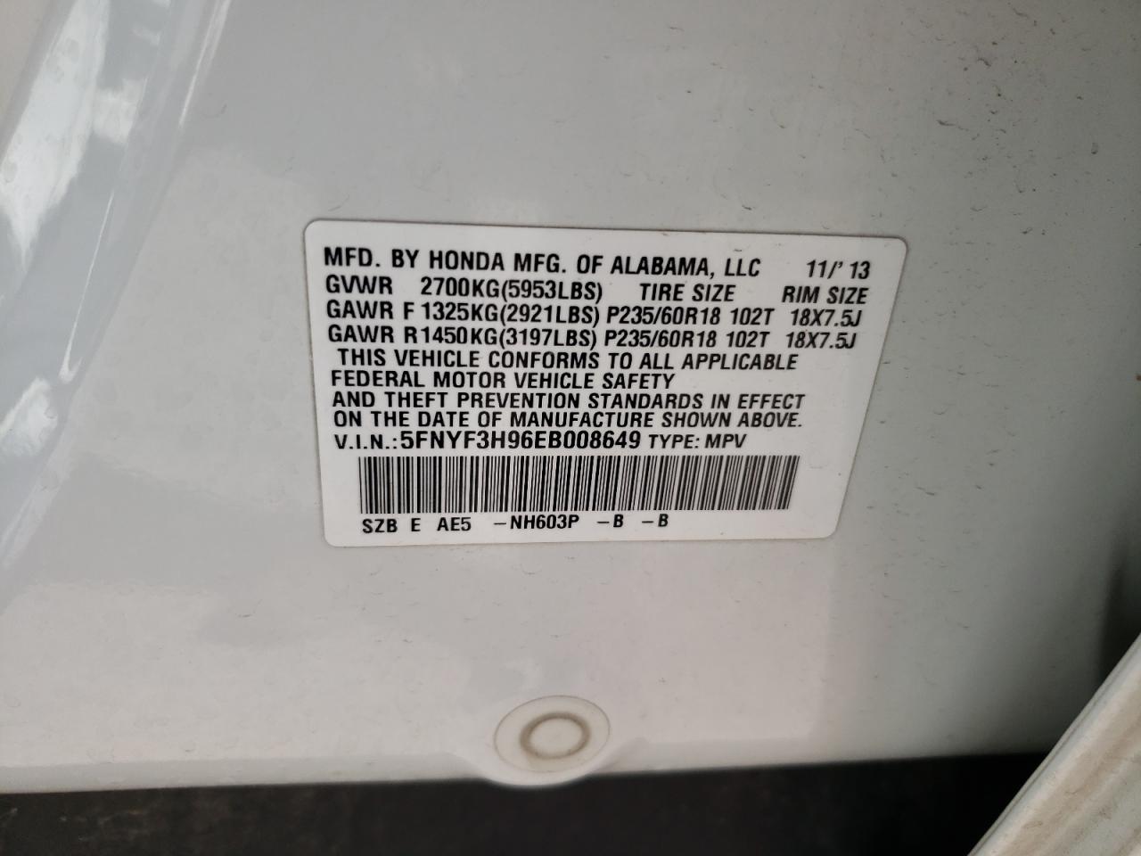 5FNYF3H96EB008649 2014 Honda Pilot Touring