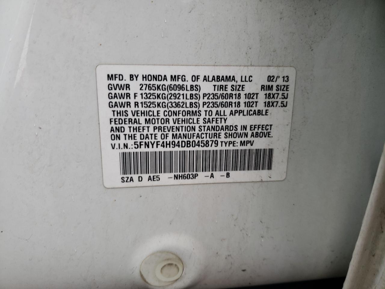 5FNYF4H94DB045879 2013 Honda Pilot Touring