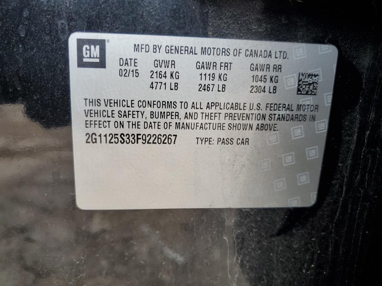 2G1125S33F9226267 2015 Chevrolet Impala Lt