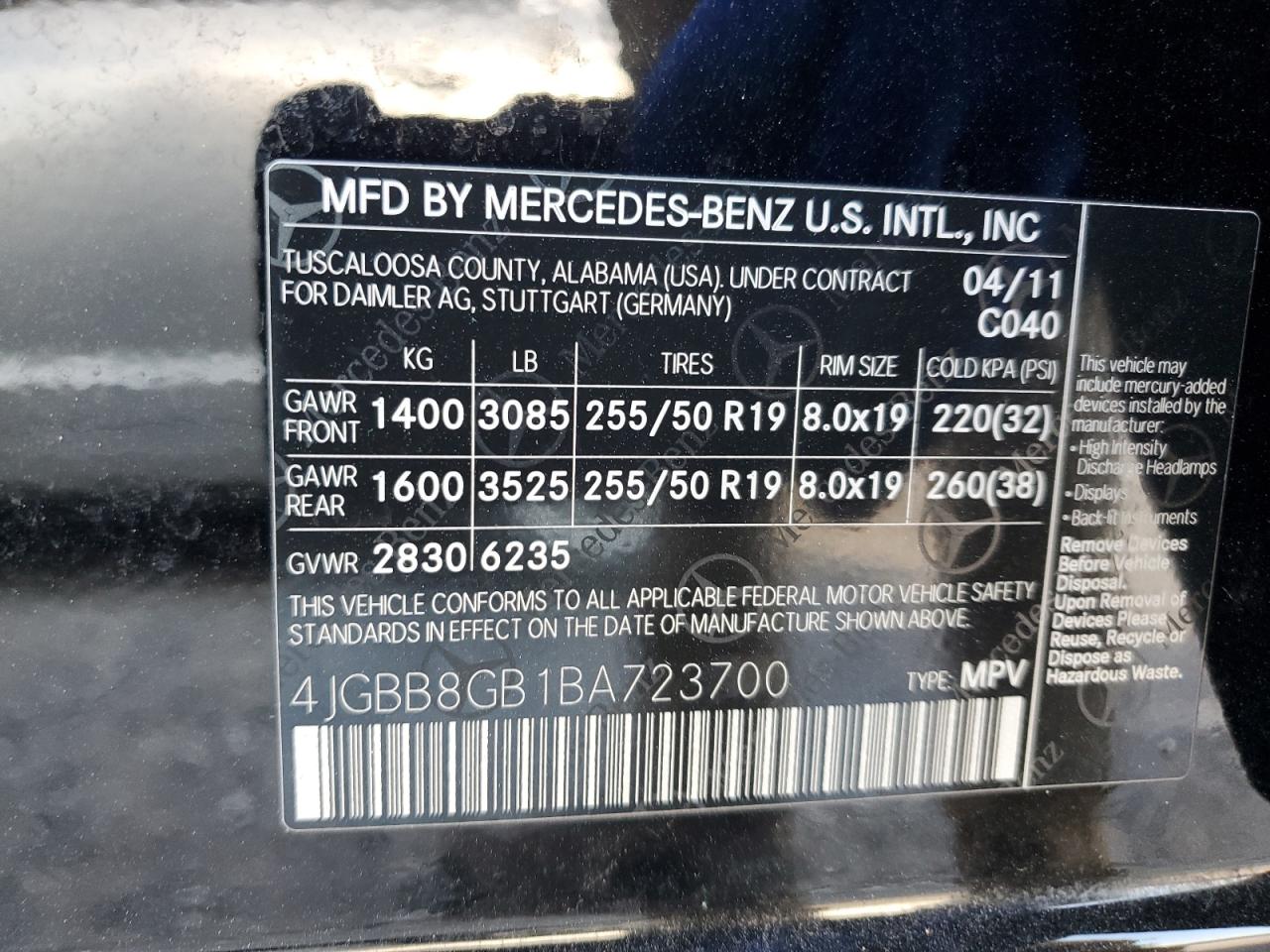 4JGBB8GB1BA723700 2011 Mercedes-Benz Ml 350 4Matic